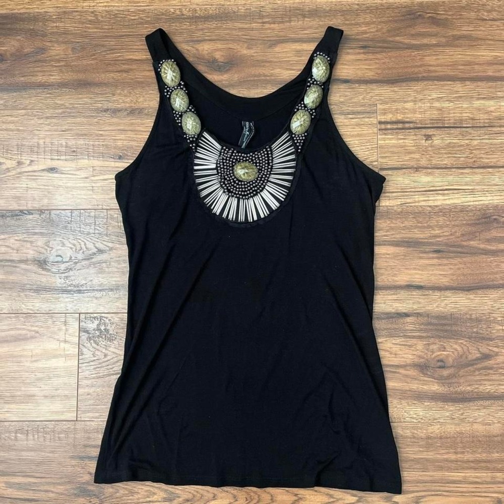Guess By Marciano Y2K Embellished Tank‎ Top Black Statement Beaded Neck Women M